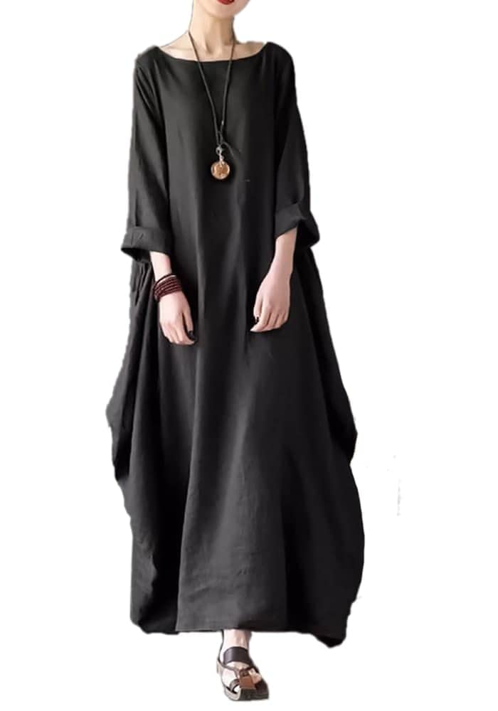 Women's Maxi Dress with Two Pockets, Black, Long Sleeve