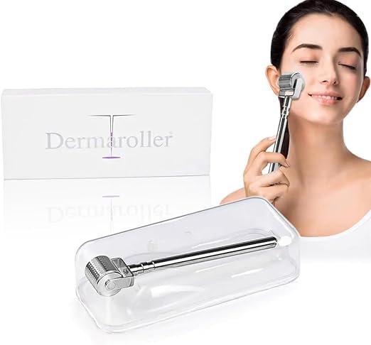 Derma Roller Microneedling Roller, 540 Titanium Micro Needles, Skin Care Tool for Face and Body, Ergonomic Handle, Hygienic Storage Case, Unisex (Silver) (0.75)