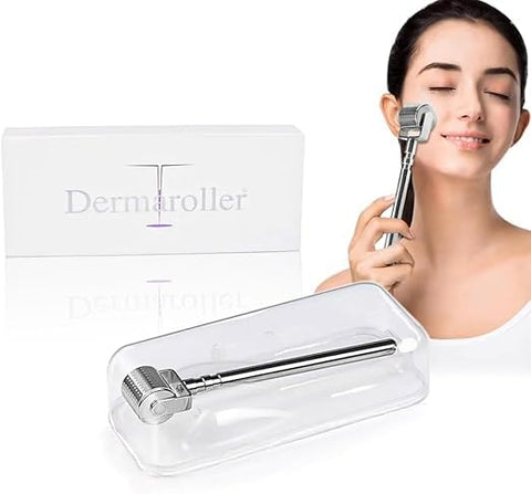 Derma Roller Microneedling Roller, 540 Titanium Micro Needles, Skin Care Tool for Face and Body, Ergonomic Handle, Hygienic Storage Case, Unisex (Silver) (0.75)