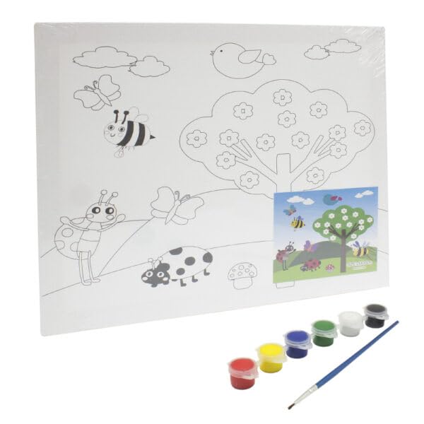 Keep Smiling Canvas Painting Set With Paint Brush & 6 Watercolor For Kids, 30 x25 cm - White Black - 526