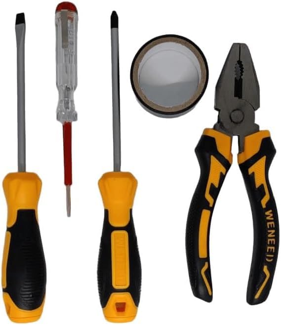 Home Repair Tool Set – 5 Pcs Essential (Pliers + Screwdriver + Cross Screwdriver + Test Screwdriver + Solder Tape) – Multi-Use Maintenance Tools for Home and Car