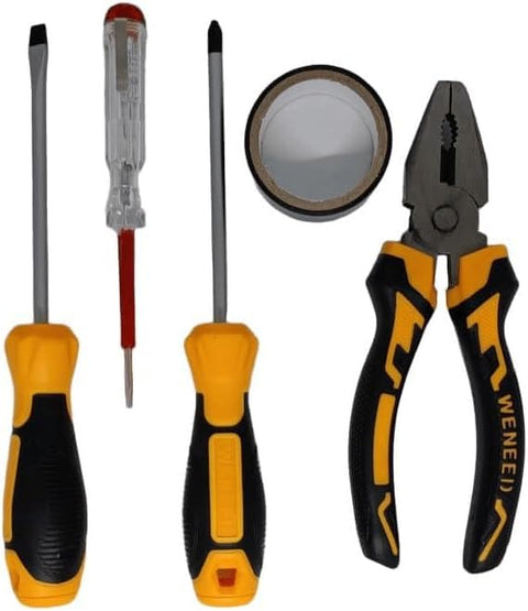 Home Repair Tool Set – 5 Pcs Essential (Pliers + Screwdriver + Cross Screwdriver + Test Screwdriver + Solder Tape) – Multi-Use Maintenance Tools for Home and Car