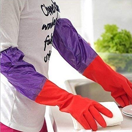 Reusable Rubber Thickening Waterproof Dish Washing Gloves - Latex Household Kitchen Long Elbow Length Multipurpose Gloves (1 Pair, Multicolor, Free Size)