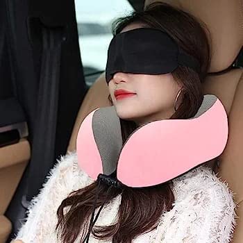 100% Ultra Foam Travel Pillow for Neck Support, Airplane Sleeping with 3D Eye Mask and Air Blown Ear Plugs (Pink)
