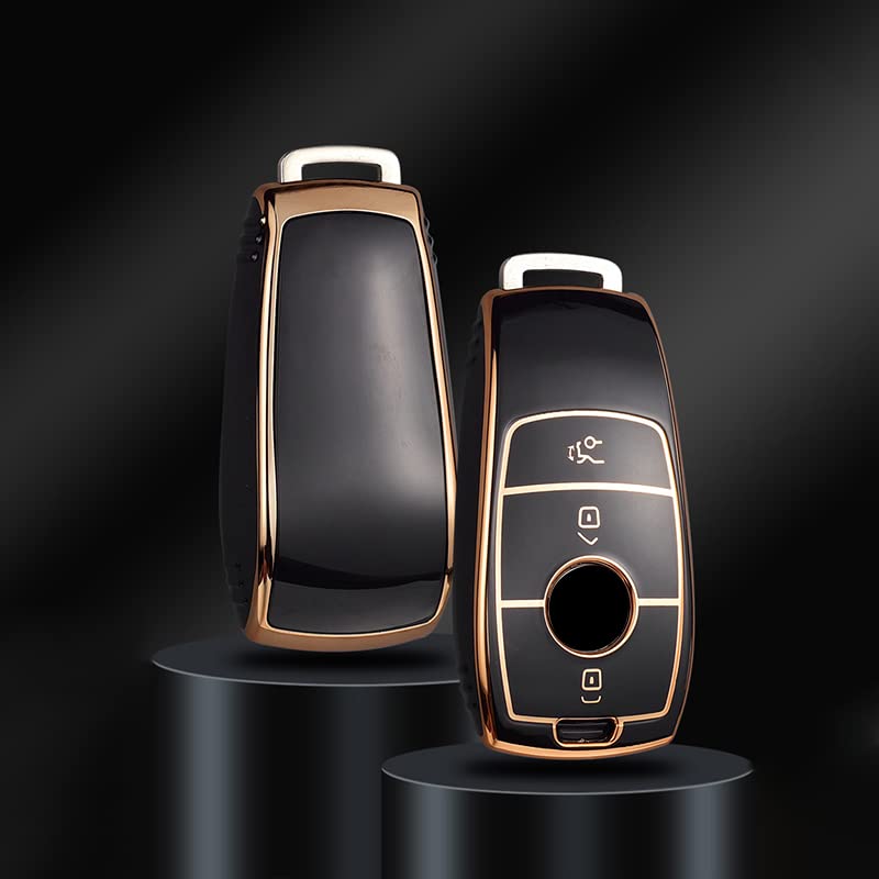 Generic غلاف ريموت اسود ذهبى مصنوع من مادة البولي يوريثان لسيارات مرسيدس - TPU Smart Remote Fob Covers for Mercedes-Benz E-Class 2017 S-Class 2022 Keyless BLACK GOLD Glossy
