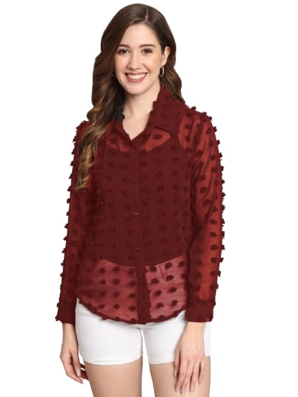 Sunset Women's Solid Sheer Big Dots Chiffon Rich Blouse