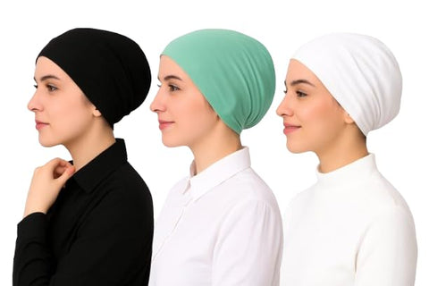 Cotton Beanie Caps, Black Mint Green White, 3 Pack, Lightweight Breathable Slouchy Style, One Size Fits Most, for Sports Fashion Daily Wear