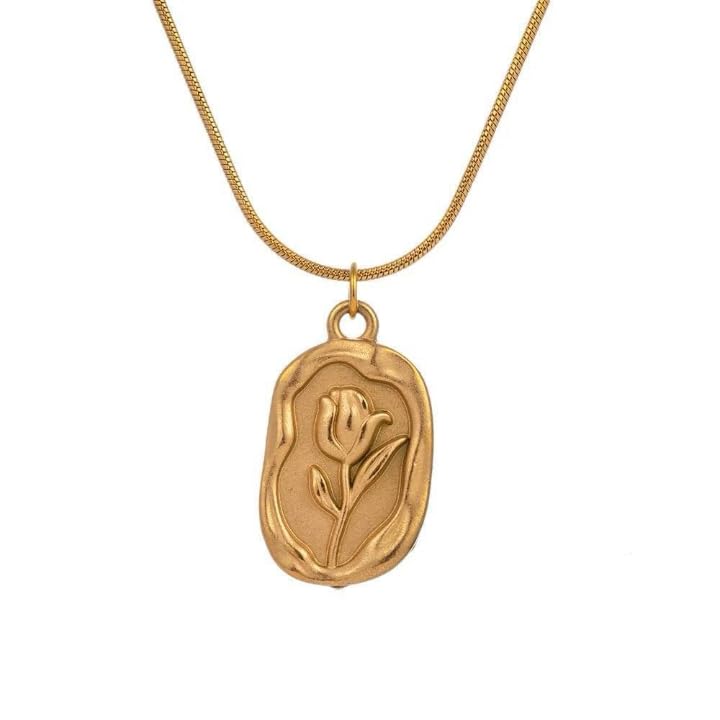 Vintage Gold Rose Flower Pendant Necklace for Women Stainless Steel with Metal Tulip Chain Jewelry Gift