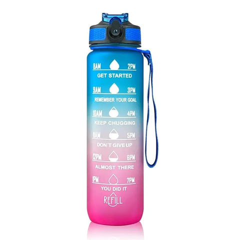 1L Water Bottle with Straw, BPA-Free, Leakproof, and Time Markers for Gym, School, Office, Yoga, Cycling, and Camping (Blue to Pink Gradient)