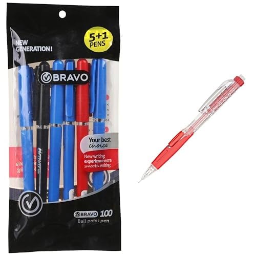 Bravo Stationery Bundle: 100 Ballpoint Pen 6-Pack + Pentel Twist-Erase Mechanical Pencil Red