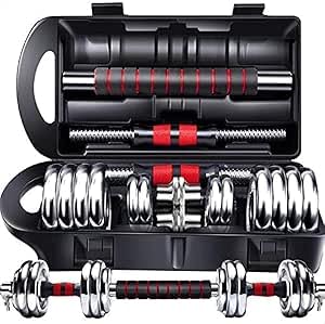 Dumbbell Set With Connecting Rod, 15 Kg - Red Silver