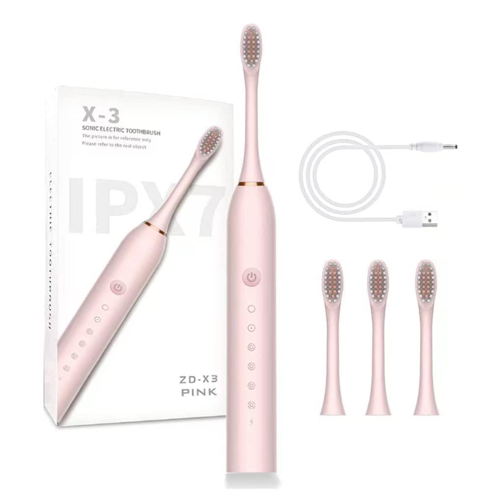Rechargeable Electric Toothbrush Ideal for Adults, 6 Optional Modes Fast Charging, Ultrasonic Electric Toothbrush with Built-in 2 Mins Timer and 4 Replacement Brush Heads (Pink)