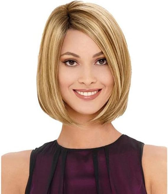 Straight Short Bob WigS Blonde Short Bob Women Short Hair Natural Synthetic Wigs with Dark Root, ECIF Blonde Highlighter Women Lace Front Wig Deep Middle Part for Daily Cosplay