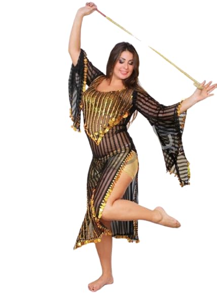 Fashion Sequin Belly Dance Dress Black Gold Loose Sleeve