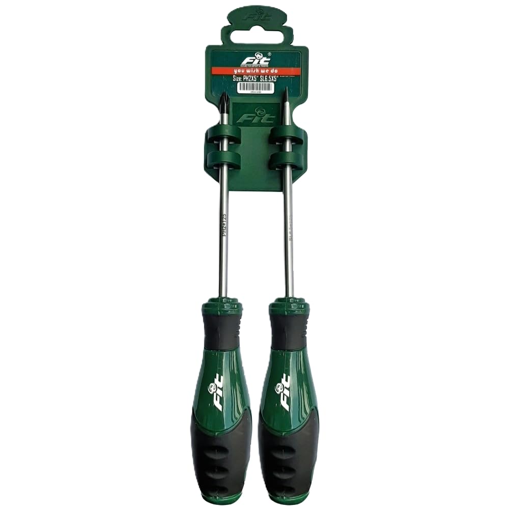 Fit Phillips & Bits Set of 2 Screwdriver PH2/SL6.5 Heavy Duty Chrome C90 - Green Black