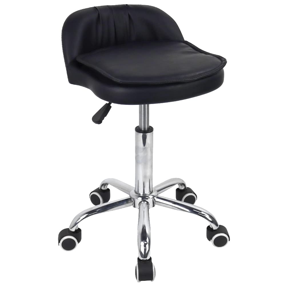 WKWKER PU Leather Rectangle Rolling Stool With Low Back Height Adjustable Swivel Drafting Work SPA Task Chair With Wheels (Black)