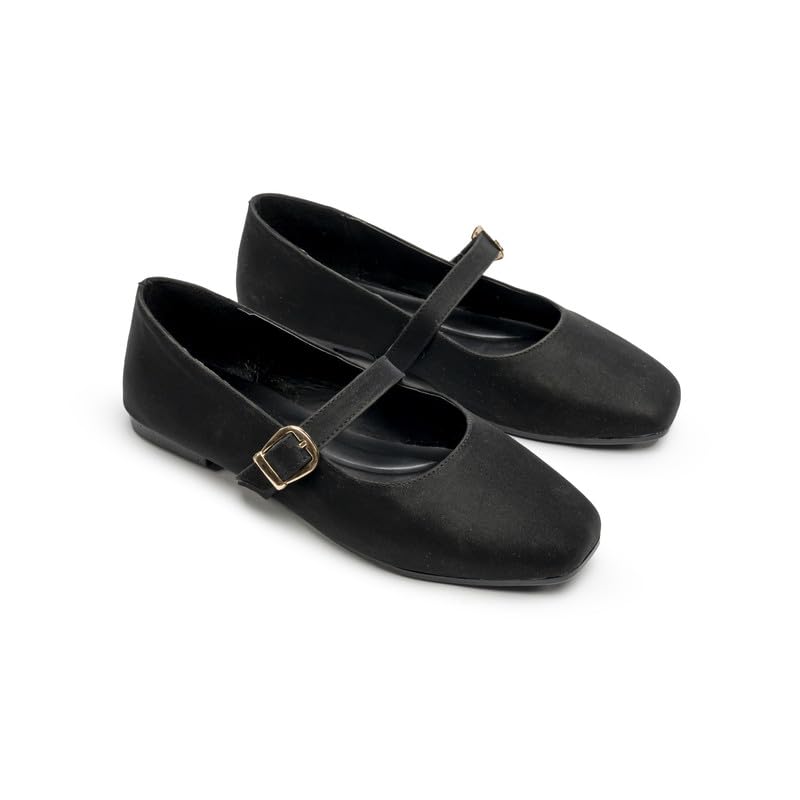 BASTET "Nout" Women's Flat Mary Jane Shoes – Comfortable Satin Upper with Adjustable Strap