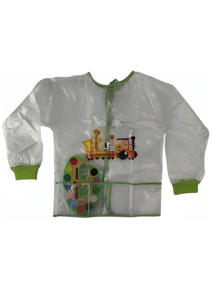 Reusable Long Sleeve Waterproof Painting Apron with 2 Front Pockets for Feeding and Art, Clear Printed Design with Bonus Watercolor Palette, Mealtime or Art Play 6 Years, Green