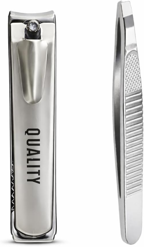 Stainless Steel Nail Clipper & Tweezers Set – Precision Fingernail and Toenail Trimmer with Slant Tip Tweezer – Durable Grooming Tool Kit for Men & Women Home & Travel Use (Silver)