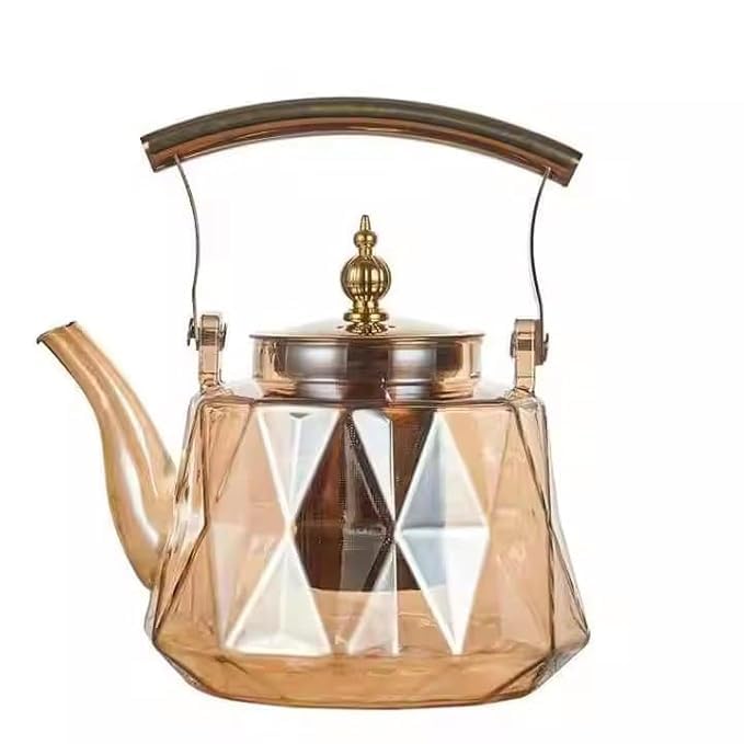 Diamond Glass Teapot With Gold Strainer And Metal Handle For Daily Use And Tea Serving 1200ml