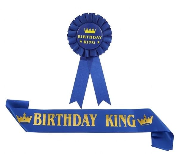 Birthday Prince Shoulder Strap and Badge Set, Crown Design, Royal Blue, Birthday Party Celebration Accessory, For Boy
