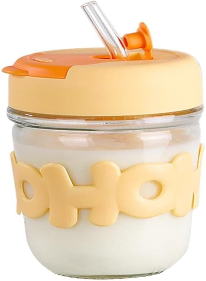 Glass Tumbler with Straw and Leakproof Lid, 350ml Multipurpose Drinking Cup for Hot and Cold Drinks, Tea, Coffee, Fruit Juices (Plan A) (Yellow x Orange)