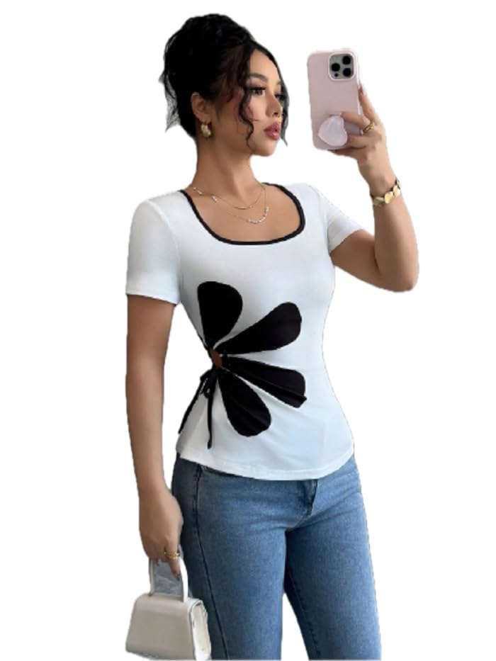 Chiquease Women's Square Neck T-Shirt, Black and White Floral Print, Short Sleeve, Drawstring Detail