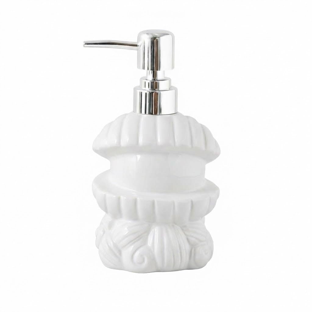 Next Store Porcelain Shell Liquid Soap Dispenser, Elegant Nautical Design Lotion and Shower Gel Dispenser, Luxury Sink Decor Bathroom Accessory (White)