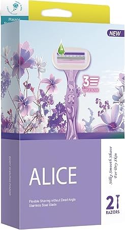 Alice Razor for Women – Set of 2 Body Shavers – Triple Stainless Blades, Flexible Head – Purple – For Dry Skin