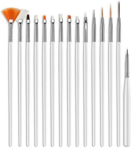 15 Pcs Nail Art Brush Set for Nail Design, Professional Manicure Painting Brushes with Liner, Detail, Flat and Fan Tips for Drawing, Gel Polish, DIY Nail Decoration and Salon Use (White)