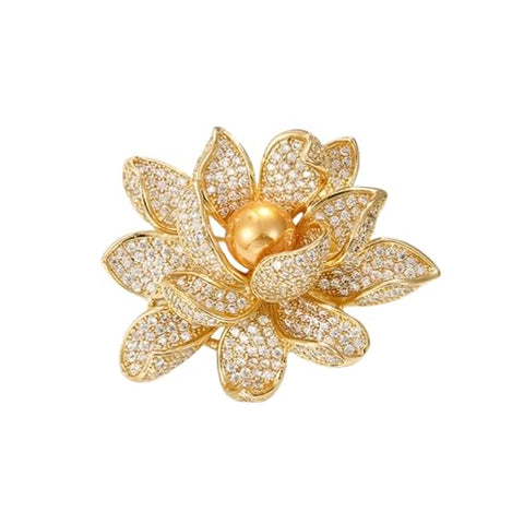 MySouqEg Store - Elegant Vintage Lotus Flower Brooch, Gold Rhinestone Floral Pin, Pearl Centre, 4.2cm, Gender-Neutral Fashion Accessory