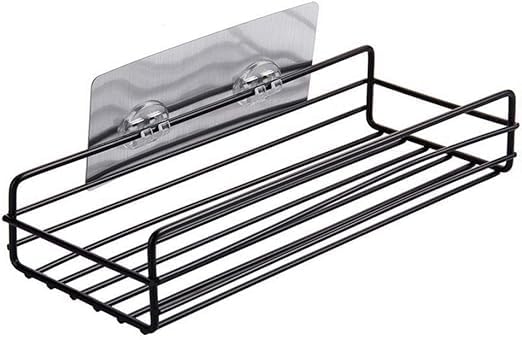 Wall Mounted Spice Rack Organizer, Black Metal Storage Shelf with Suction Cup, Single Tier Kitchen Bathroom Counter Organizer 2Piece