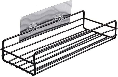 Wall Mounted Spice Rack Organizer, Black Metal Storage Shelf with Suction Cup, Single Tier Kitchen Bathroom Counter Organizer 2Piece