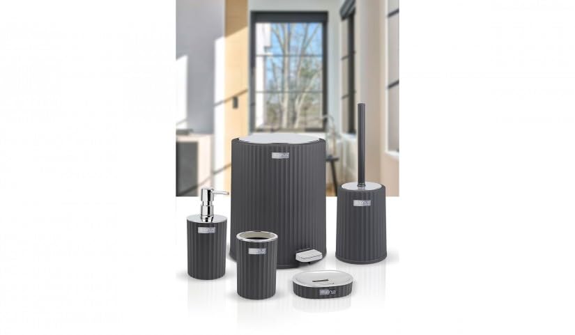 Okyanus 5-Piece Bathroom Set Round Ribbed Calcium (Silver) Black, OKY-450-1-S-Multicolor