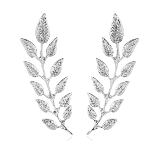 Metal Leaf Brooch Collar Pin Set, Silver Wheat Ear Design, Retro Wing Style Shirt Accessories, 60mm x 22mm, Pair of 2