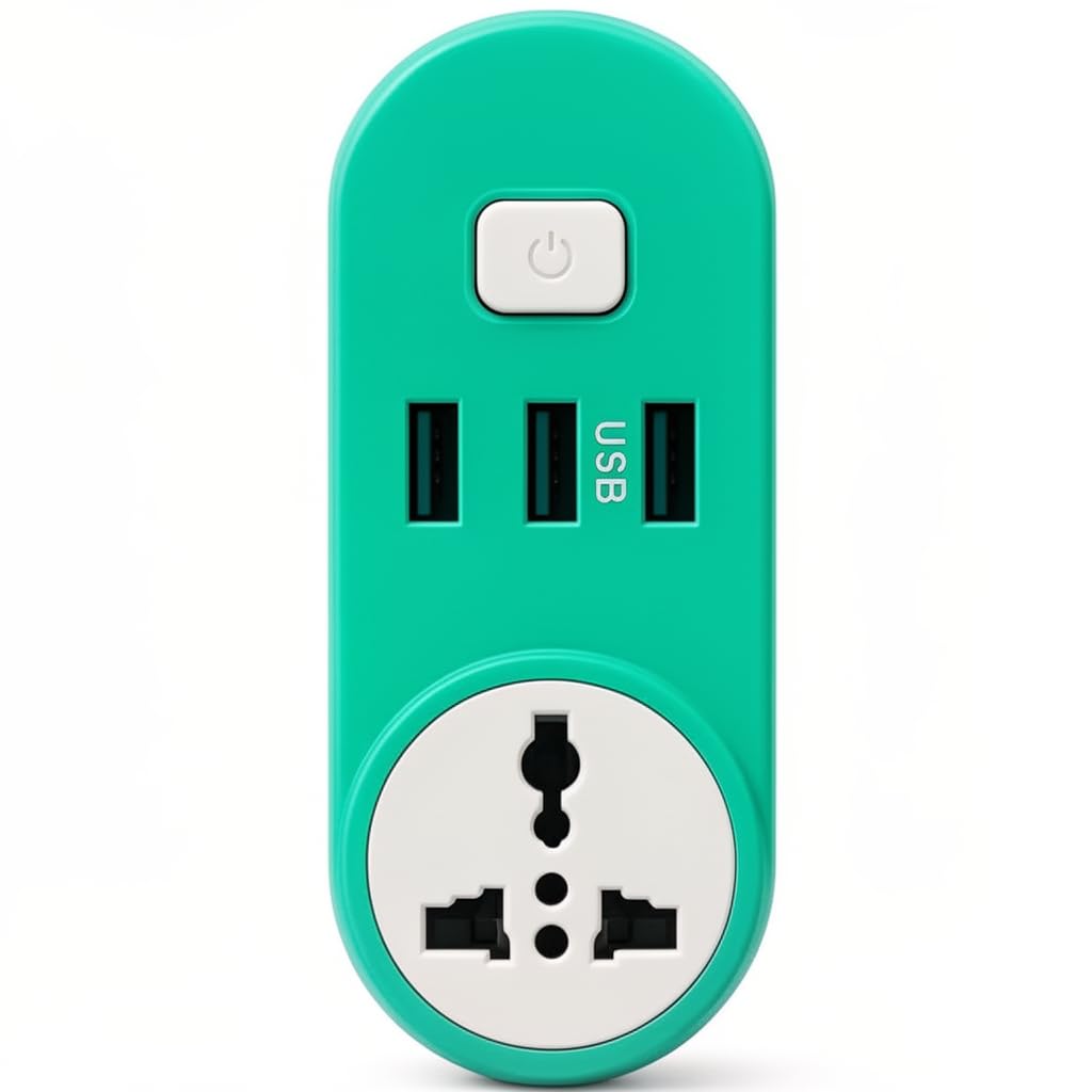 Power Extension Socket with 3 USB Ports, 2500W Wall Charger Adapter, 10A Max, Power Switch, Overload Protection, Surge Protector, Multi Plug for Home, Office and Travel (Green)