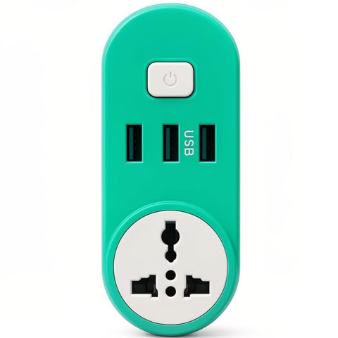 Power Extension Socket with 3 USB Ports, 2500W Wall Charger Adapter, 10A Max, Power Switch, Overload Protection, Surge Protector, Multi Plug for Home, Office and Travel (Green)