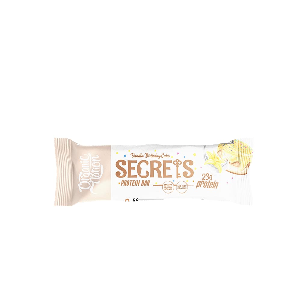 Organic Nation | Secrets Protein Bar | Full of Nutrients | Rich with Protein | Boosts Energy | Weight Loss | Diet Friendly | 25g Protein | 275 Calories | 70g | Vanilla Birthday Cake