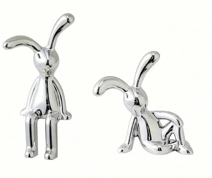 Silver Rabbit Figurines, Set of 2, Chrome Plated Plast, Modern Decoration for Home, Office, Car