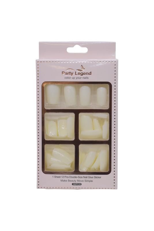 Party Legend Press-On Mink Nails Set with Glue Stickers, 96 Pieces - Milky
