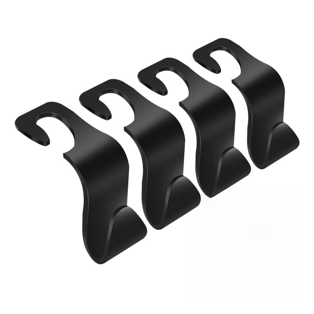 Car Hooks: 4 Pack Headrest Hangers for Bags, Purses, Groceries, Coats (Black, Utility Style, Automotive Seat Back Organizers)