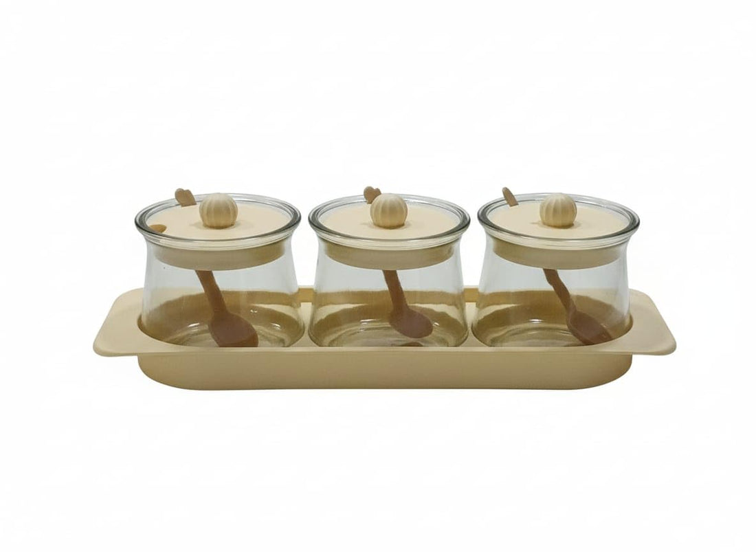 Set of 3 Glass Jars with Lids and Spoons on Stand, Modern Kitchen Decor