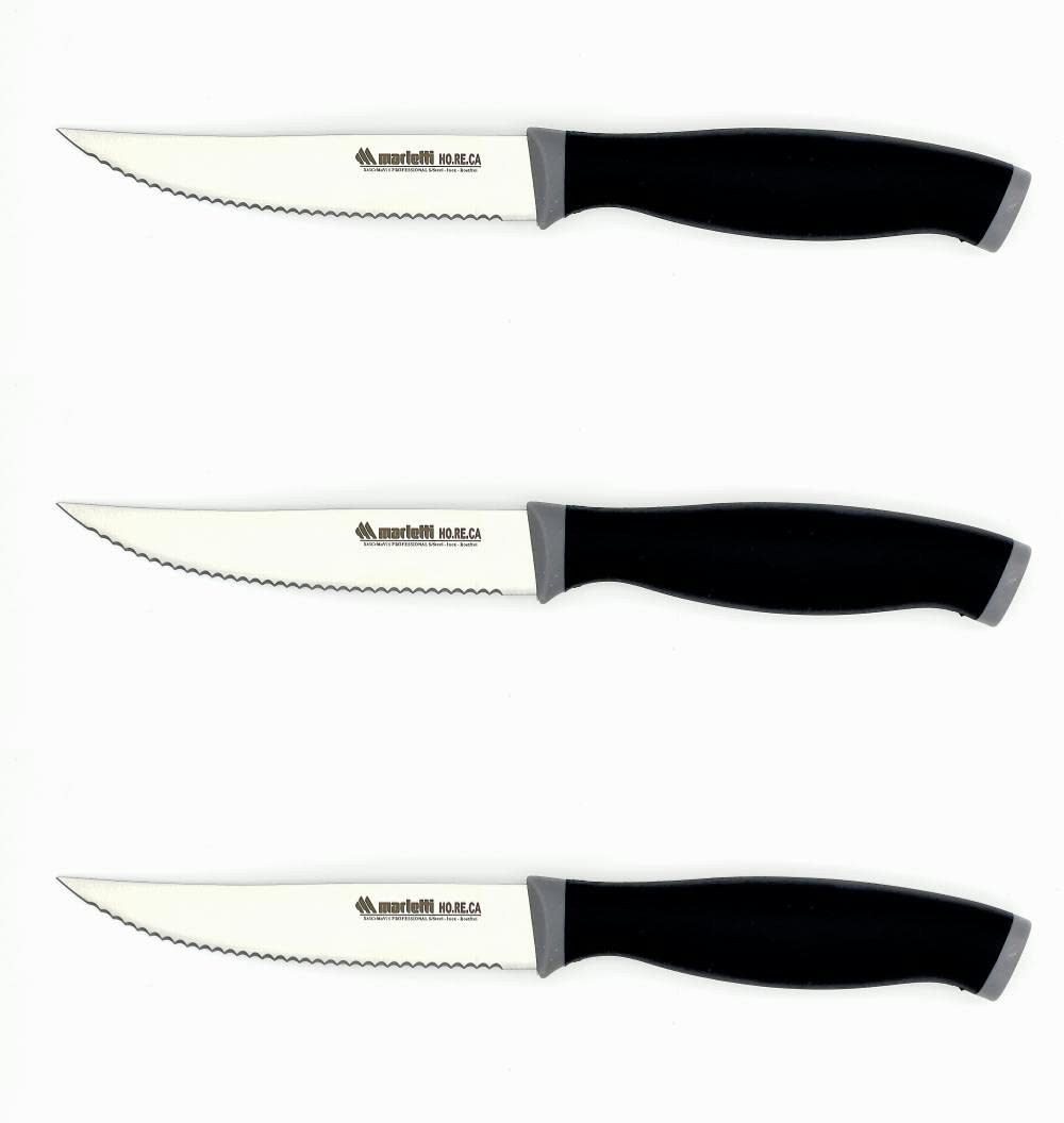Marietti 3-Piece Serrated Steak & Utility Knife Set – Ultra-Sharp Stainless Steel Wavy Edge – Ergonomic Non-Slip Handles – Multi-Purpose Kitchen Knives for Meat, Bread, and Vegetables – Black