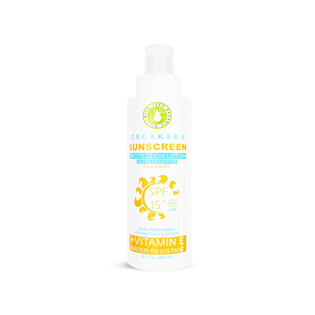 Orgakera Sunscreen Face & Body Lotion SPF 15 – Lightweight Broad Spectrum Sun Protection for Sensitive Skin, Non-Greasy Daily Sunscreen 200ml