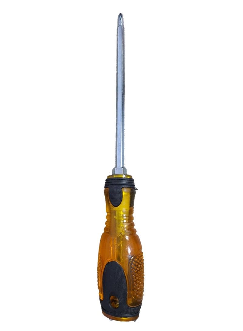 in 1 screwdriver with two different shaped magnetic heads, attached to the bottom with a piece of metal that acts as a hammer, multi-use
