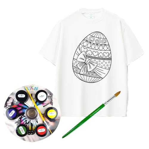 White T-Shirt Colour-In with Fabric Paints and Brush,Happy Easter,Size (S).