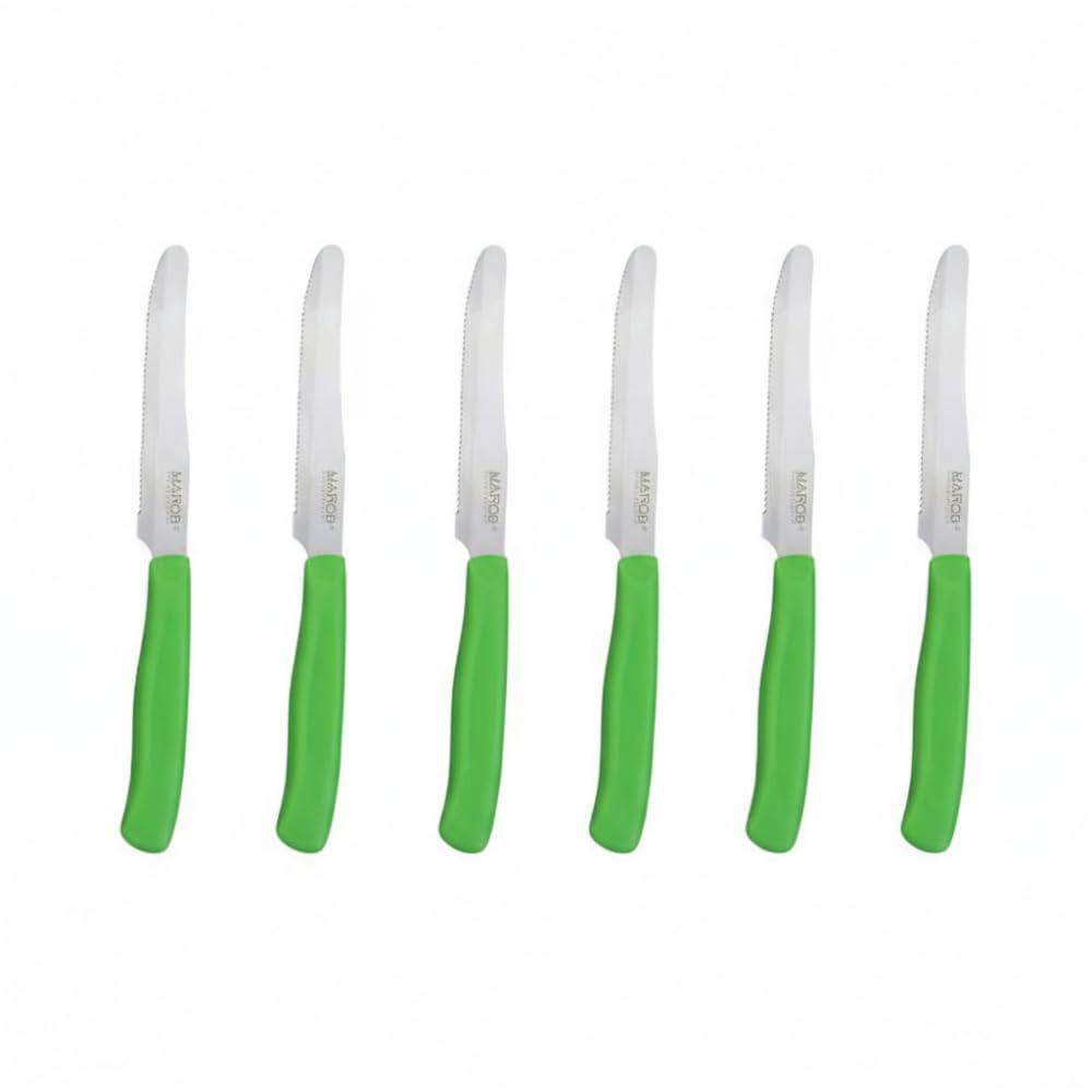 Marietti 6-Piece Serrated Table Knife Set – 11cm Ultra-Sharp Stainless Steel Blades – Vibrant Green Ergonomic Handles – Multi-Purpose Fine Serrated Utility Knives for Dining & Kitchen