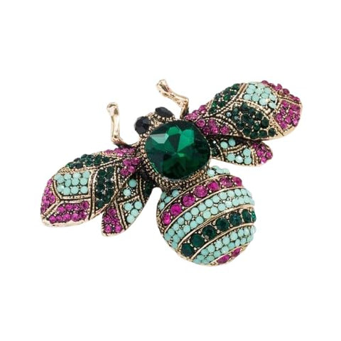 mysouq store | Vintage Bee Brooch with Green Emerald Crystal, Multicolour Rhinestone, Antique Gold, 6cm x 4.2cm