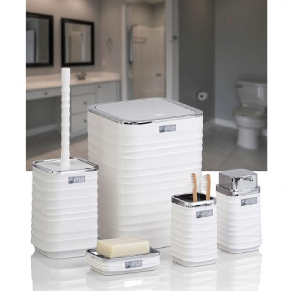 Luna 5 Piece Square Bathroom Set (Soap Dish, Soap Dispenser, Trash Bin, Toilet Brush and Holder, Toothbrush Holder) Chrome Lid (White)-Assorted Colors
