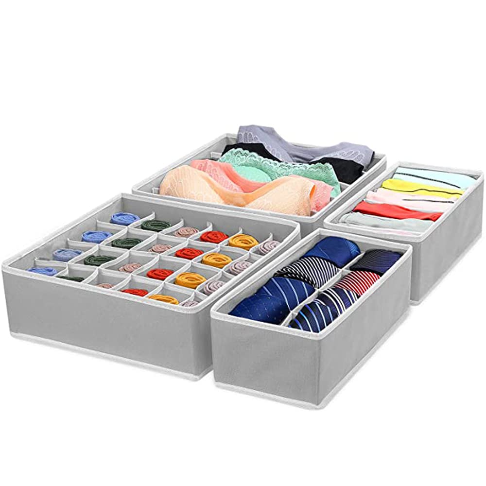 Generic Minimalist Underwear Organizer Drawer Set of 4 Foldable Organizers, Storage Boxes for Underwear, Bras, Socks, Ties, Tissues (Grey)